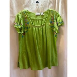 Millenium Embroidered Floral Top – Green Cotton Boho Blouse Women’s Large